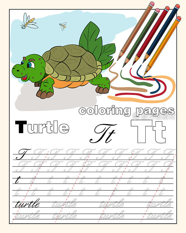 color_20_illustration of the English alphabet page with animal drawings with a line for writing English letters